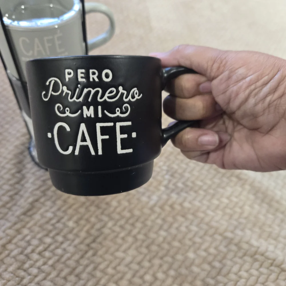 4 Stoneware Stackable Coffee Mug Set with Stand  Spanish Coffee Inspired Saying. - Picture 10 of 10